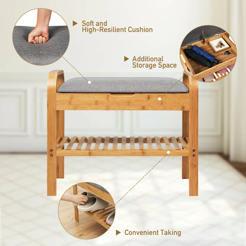 Bamboo Shoe Rack Bench With Storage Shelf, Natural