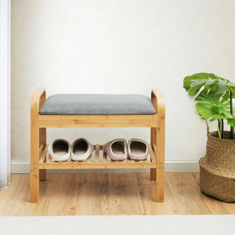Bamboo Shoe Rack Bench With Storage Shelf, Natural