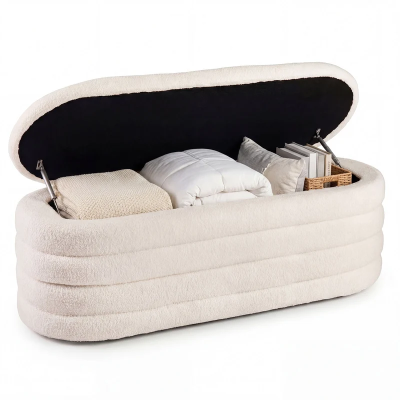 Upholstered Fabric Storage Ottoman Bench, White