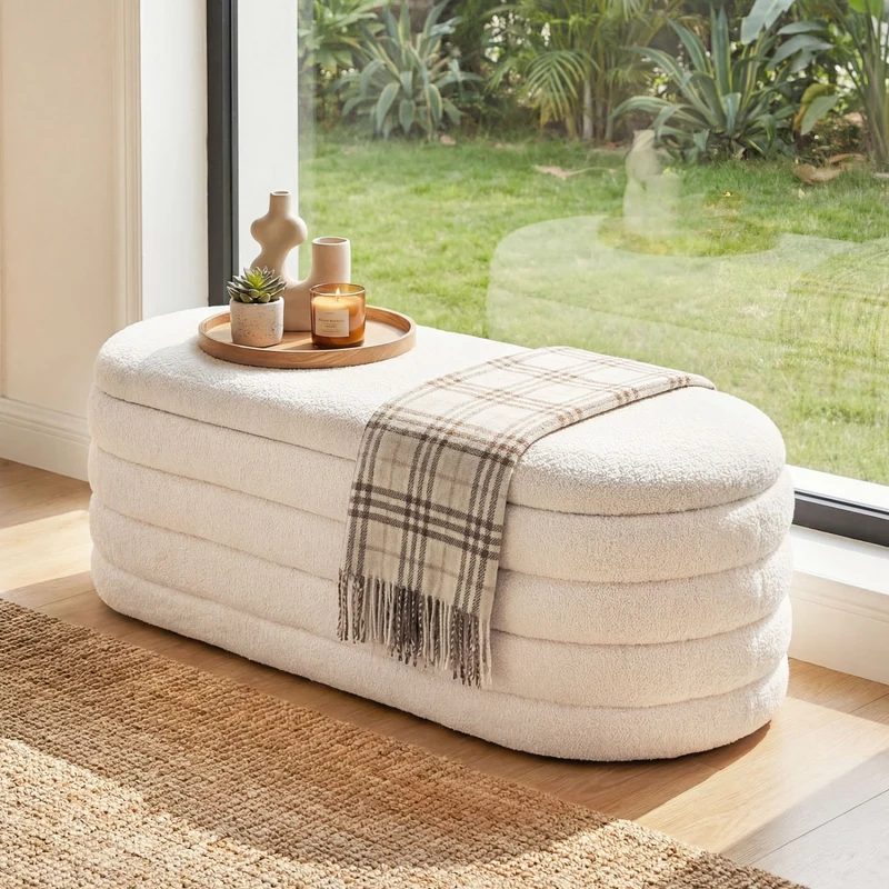 Upholstered Fabric Storage Ottoman Bench, White