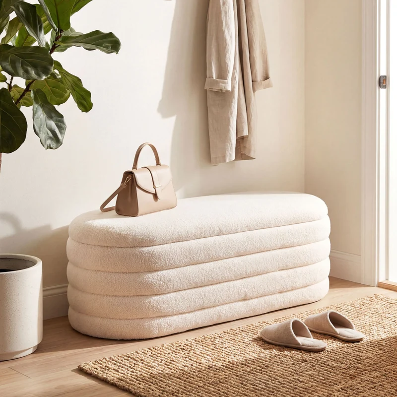 Upholstered Fabric Storage Ottoman Bench, White