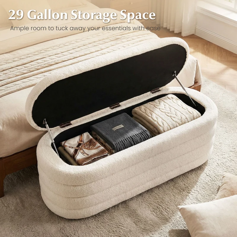 Upholstered Fabric Storage Ottoman Bench, White