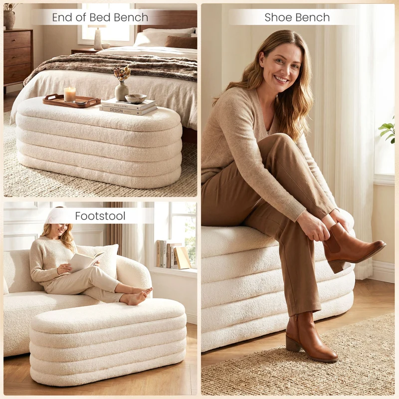 Upholstered Fabric Storage Ottoman Bench, White