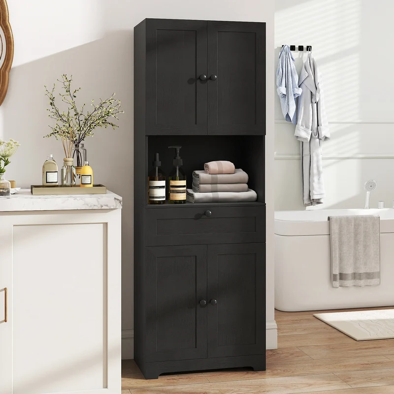 67.5 Inch Tall Freestanding Floor Cabinet, 4 Doors, 1 Drawer, Black