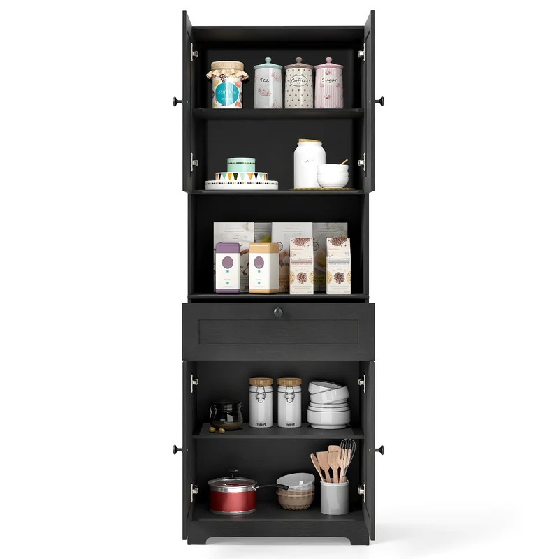 67.5 Inch Tall Freestanding Floor Cabinet, 4 Doors, 1 Drawer, Black
