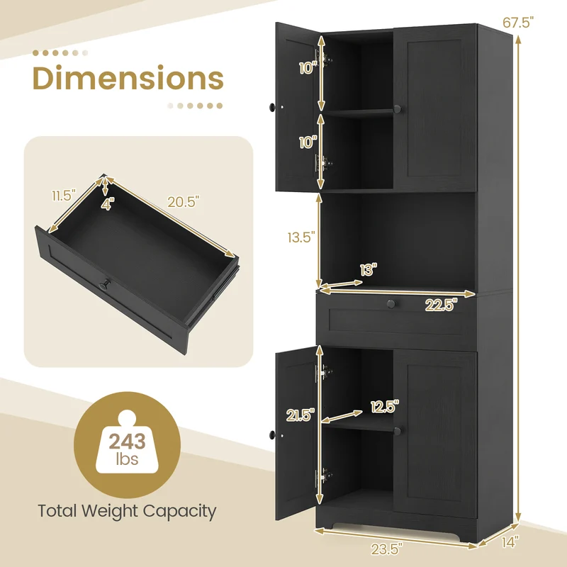 67.5 Inch Tall Freestanding Floor Cabinet, 4 Doors, 1 Drawer, Black