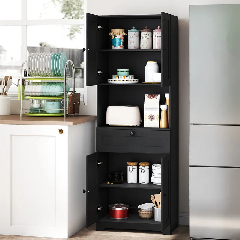67.5 Inch Tall Freestanding Floor Cabinet, 4 Doors, 1 Drawer, Black