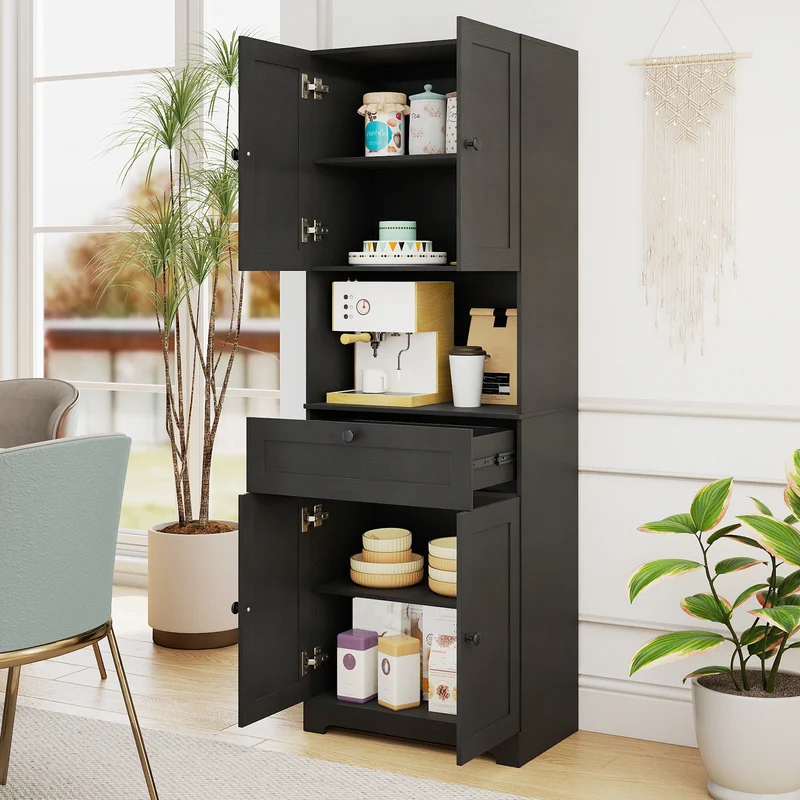 67.5 Inch Tall Freestanding Floor Cabinet, 4 Doors, 1 Drawer, Black