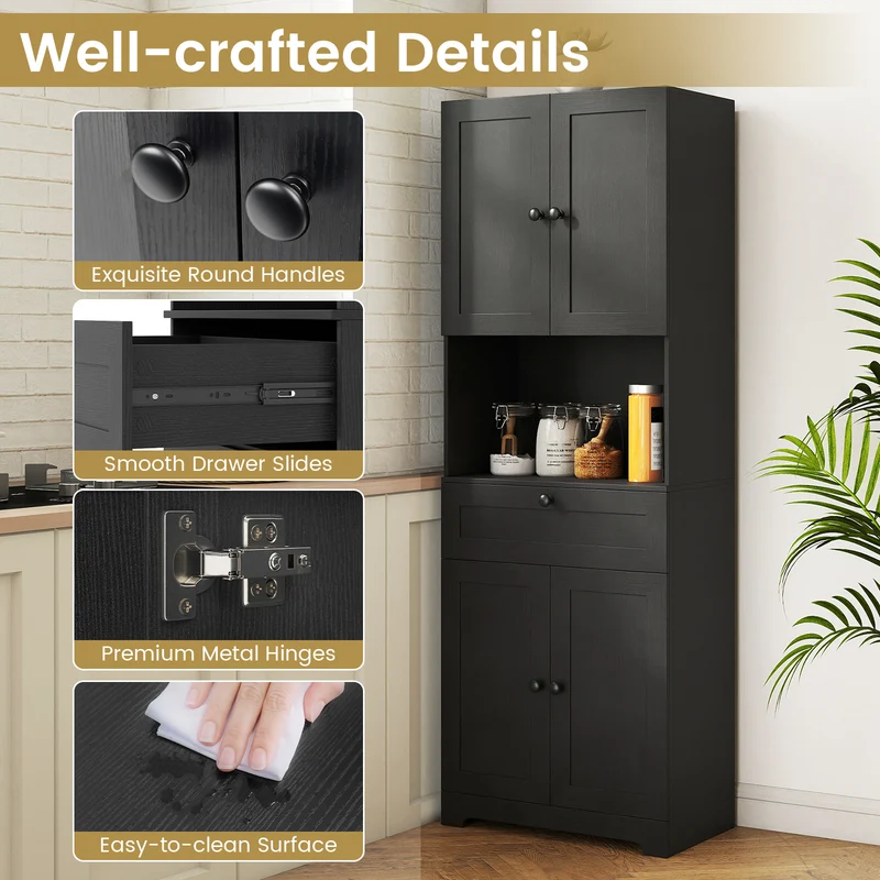 67.5 Inch Tall Freestanding Floor Cabinet, 4 Doors, 1 Drawer, Black