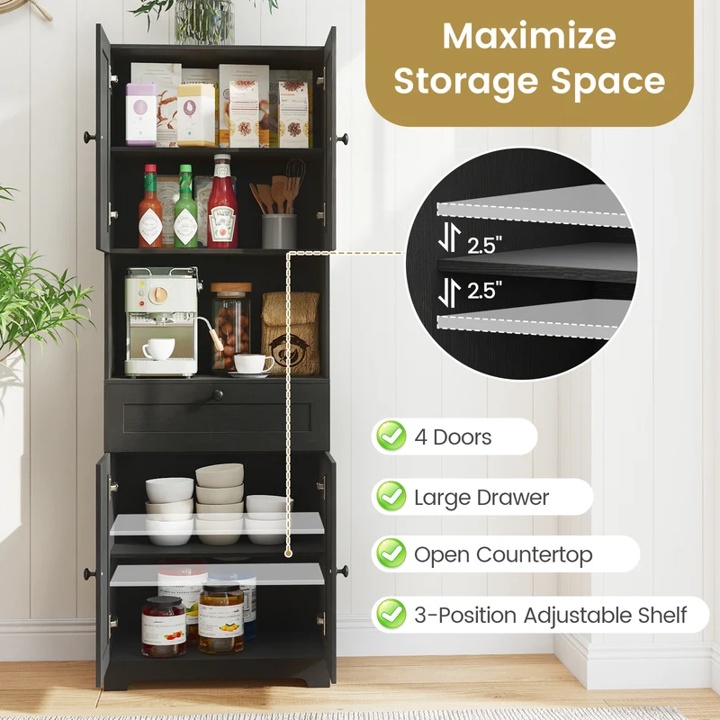 67.5 Inch Tall Freestanding Floor Cabinet, 4 Doors, 1 Drawer, Black