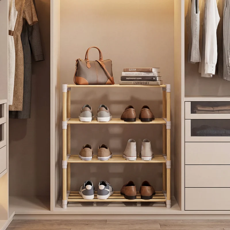 4-Tier Solid Wood Shoe Rack, Slatted Open Shelves, Gray