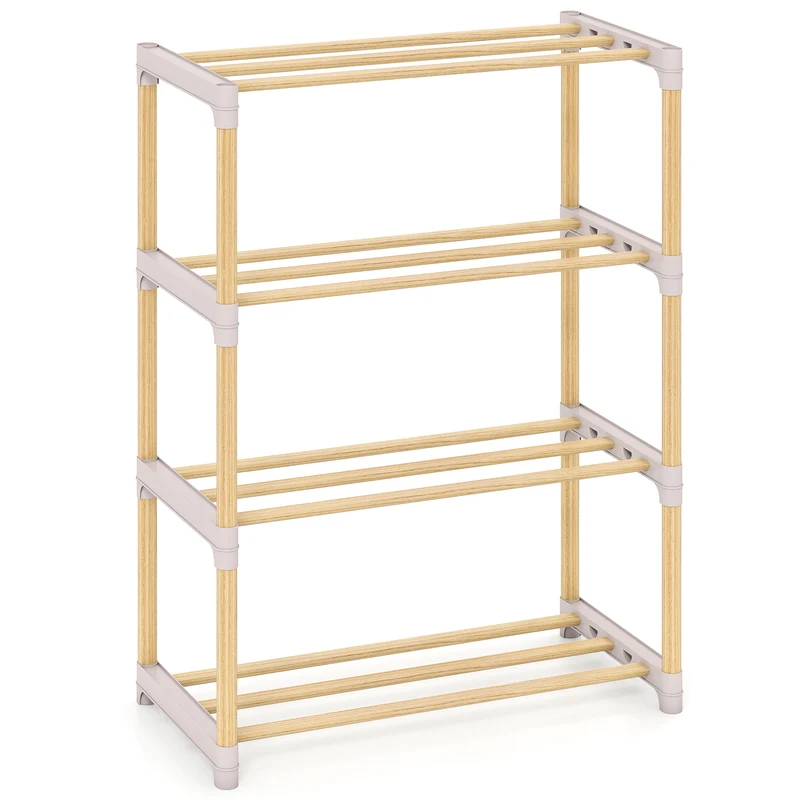 4-Tier Solid Wood Shoe Rack, Slatted Open Shelves, Gray