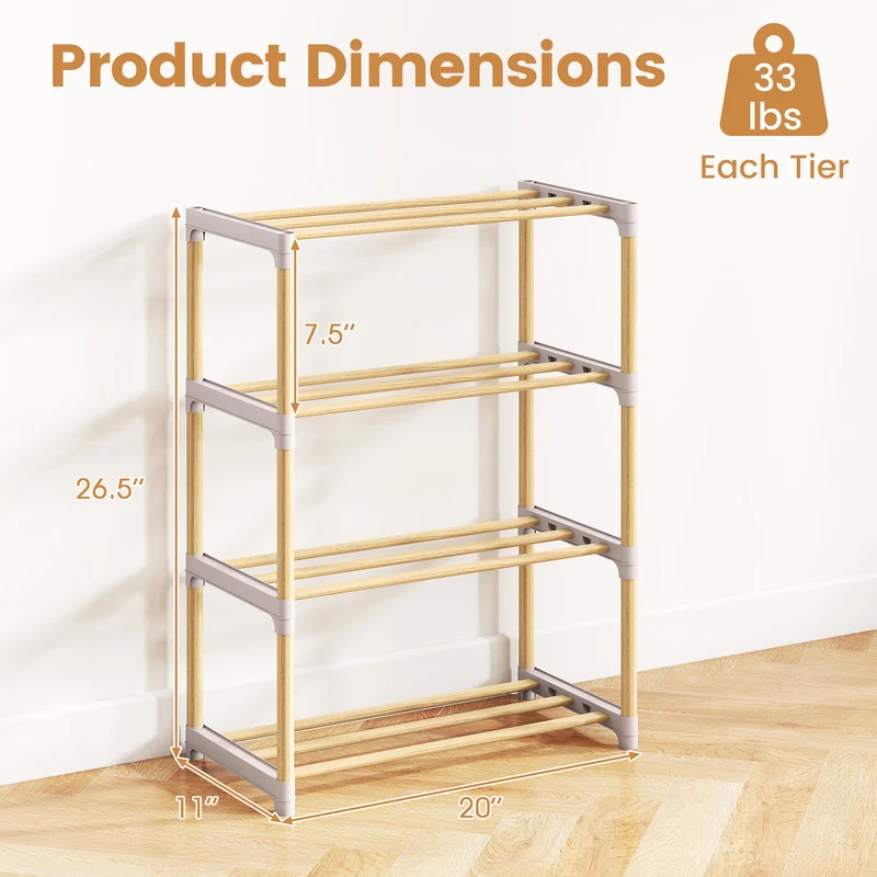 4-Tier Solid Wood Shoe Rack, Slatted Open Shelves, Gray