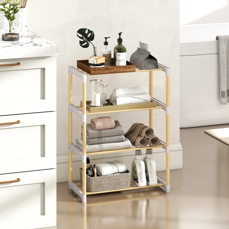 4-Tier Solid Wood Shoe Rack, Slatted Open Shelves, Gray