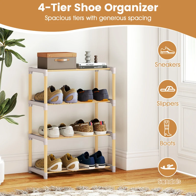 4-Tier Solid Wood Shoe Rack, Slatted Open Shelves, Gray