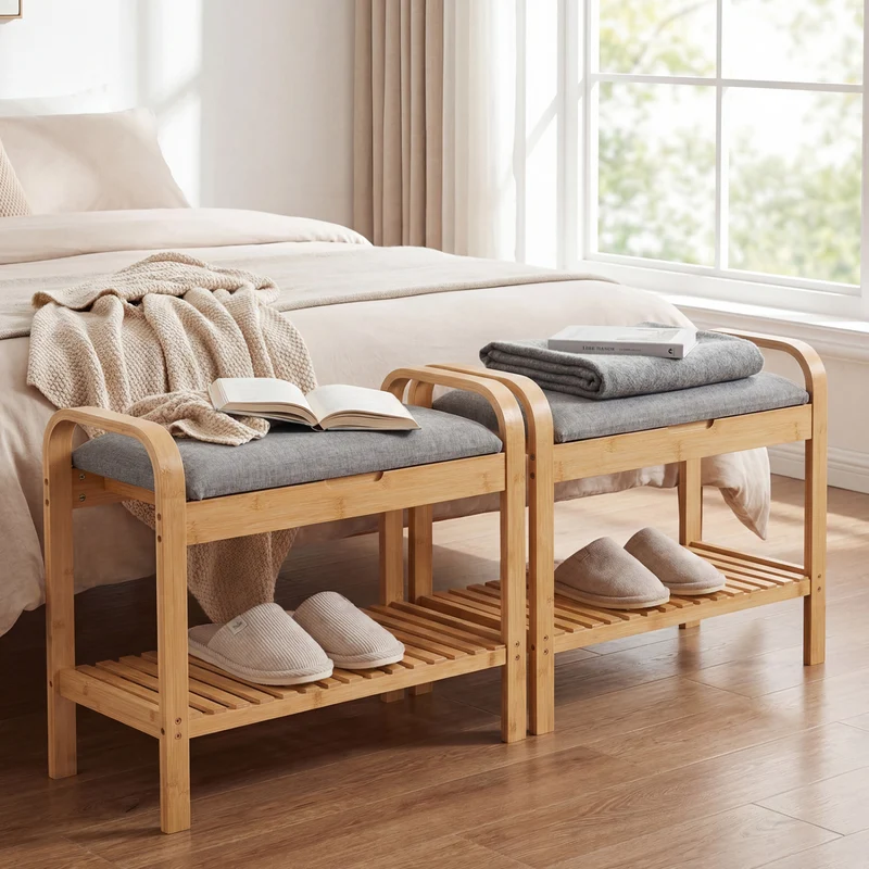 2-Tier Shoe Rack Bench, Flip-Top Storage, Natural