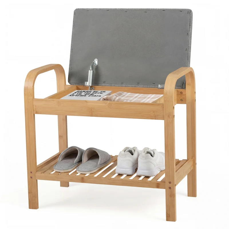 2-Tier Shoe Rack Bench, Flip-Top Storage, Natural