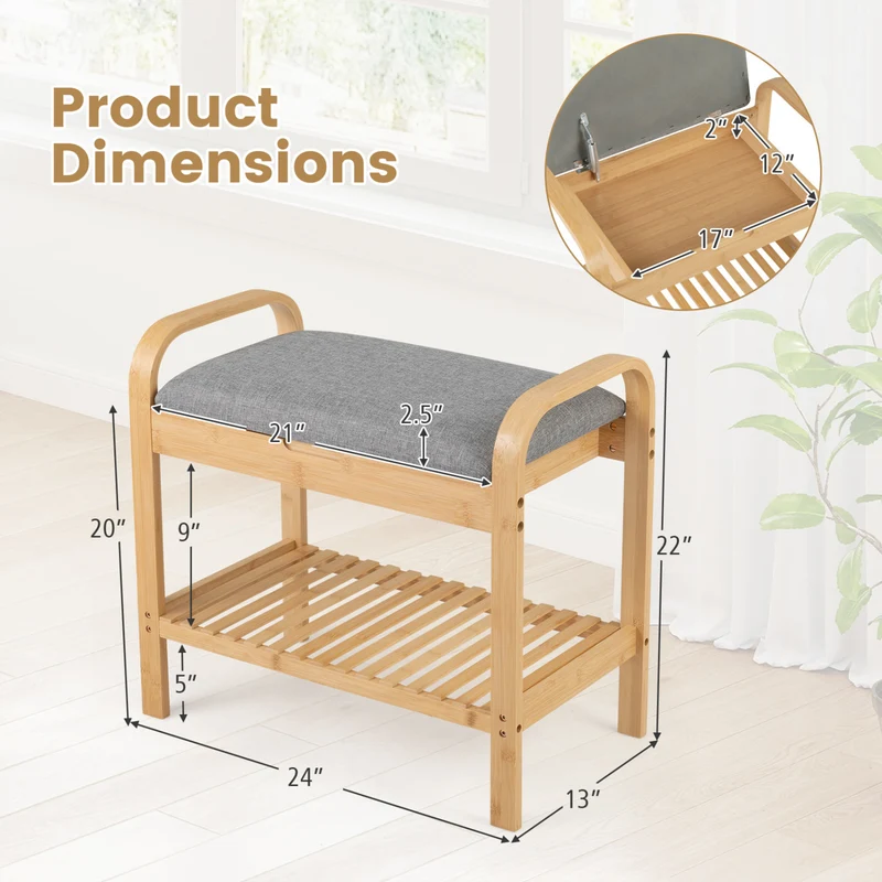 2-Tier Shoe Rack Bench, Flip-Top Storage, Natural