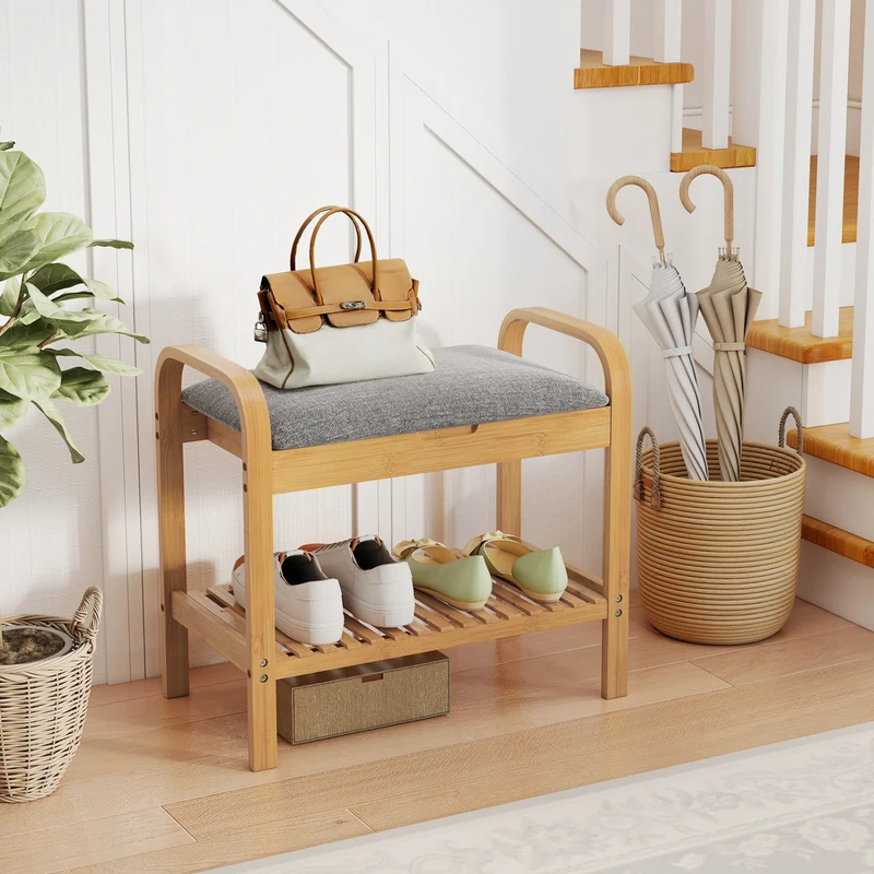 2-Tier Shoe Rack Bench, Flip-Top Storage, Natural