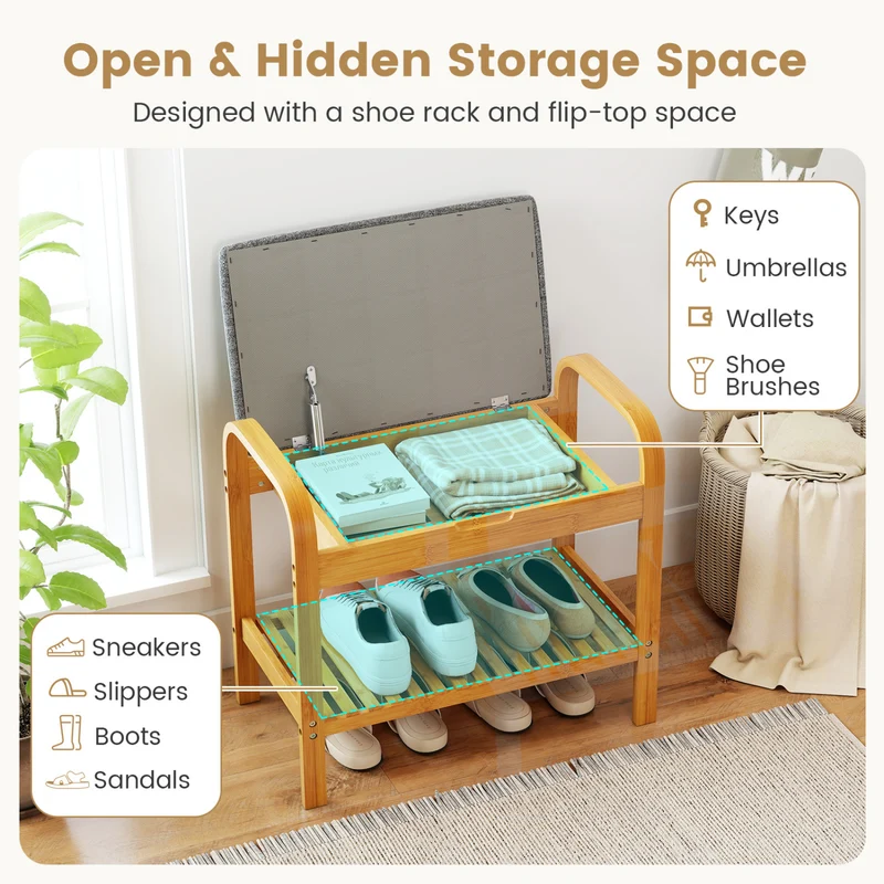 2-Tier Shoe Rack Bench, Flip-Top Storage, Natural