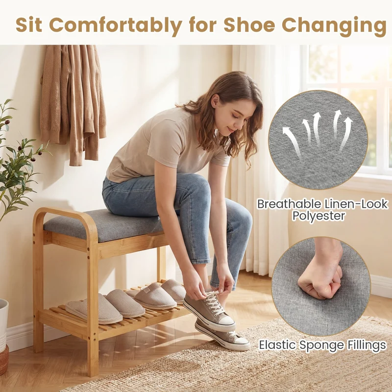 2-Tier Shoe Rack Bench, Flip-Top Storage, Natural
