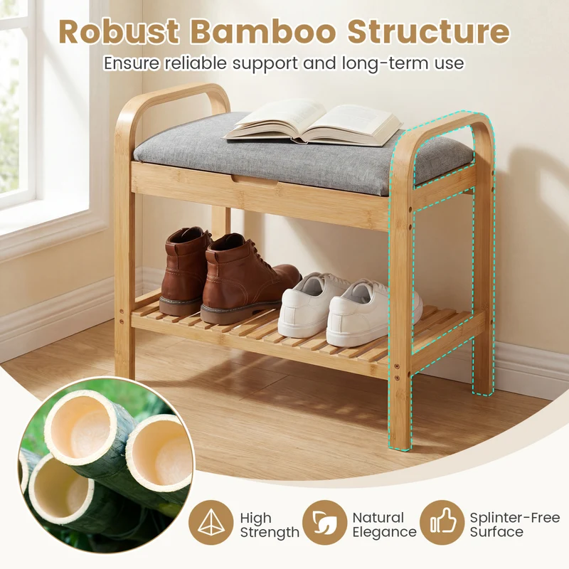 2-Tier Shoe Rack Bench, Flip-Top Storage, Natural