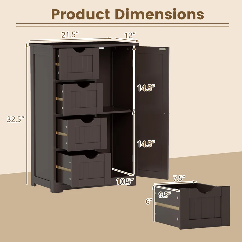 Standing Wooden Cabinet, 4 Drawers, Brown