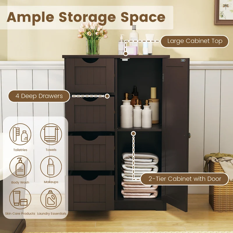 Standing Wooden Cabinet, 4 Drawers, Brown