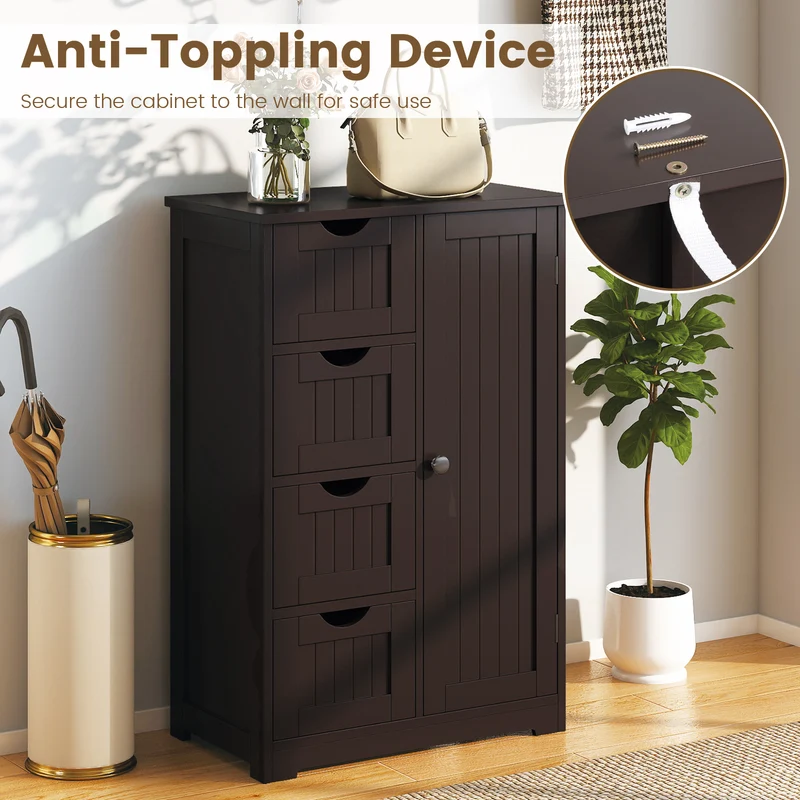 Standing Wooden Cabinet, 4 Drawers, Brown