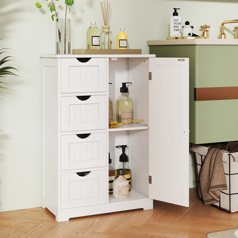 Standing Indoor Wooden Cabinet with 4 Drawers, White