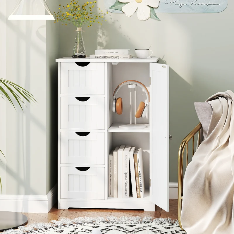 Standing Indoor Wooden Cabinet with 4 Drawers, White