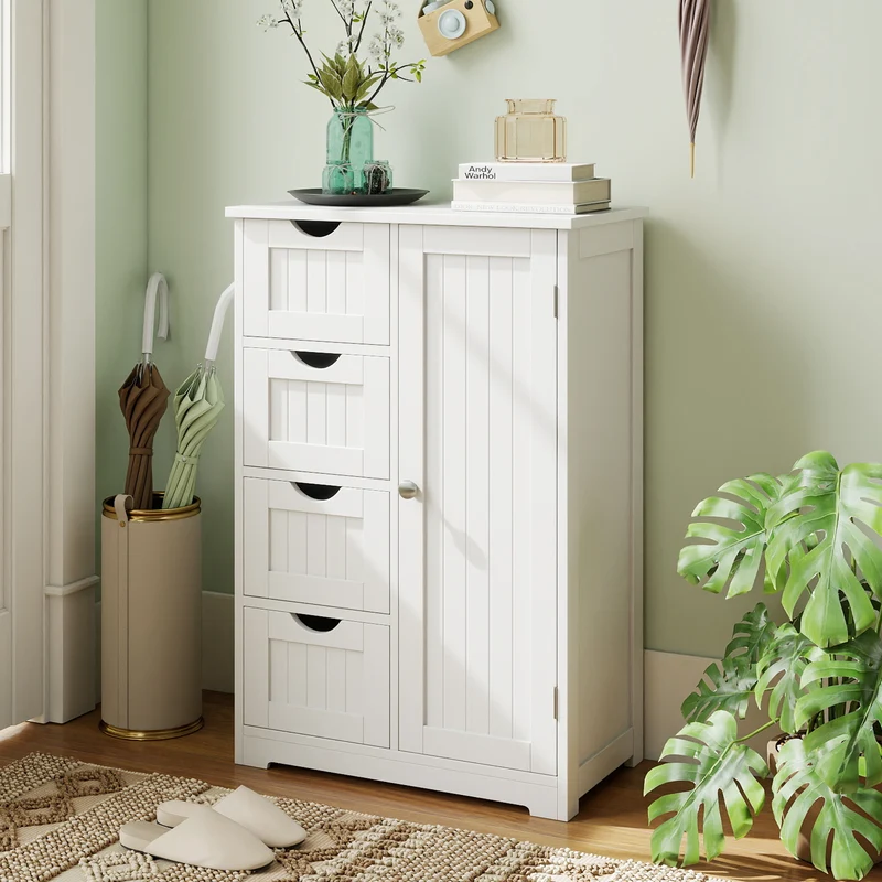 Standing Indoor Wooden Cabinet with 4 Drawers, White
