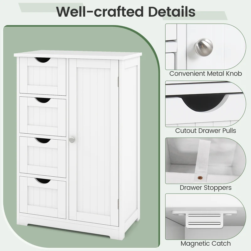 Standing Indoor Wooden Cabinet with 4 Drawers, White