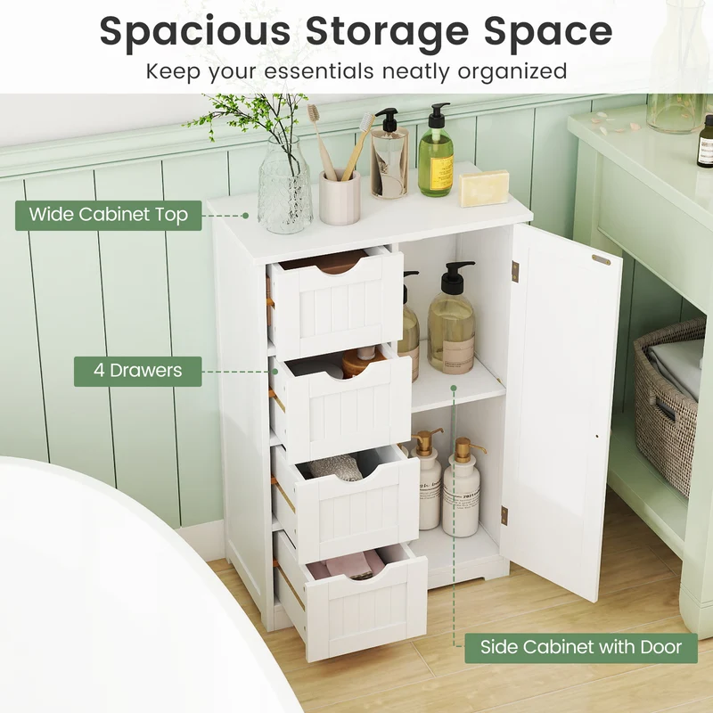 Standing Indoor Wooden Cabinet with 4 Drawers, White