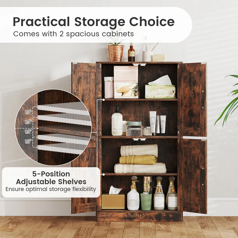 Bathroom Cabinet, 43.5 Inch, Doors, Adjustable Shelves, Rustic Brown