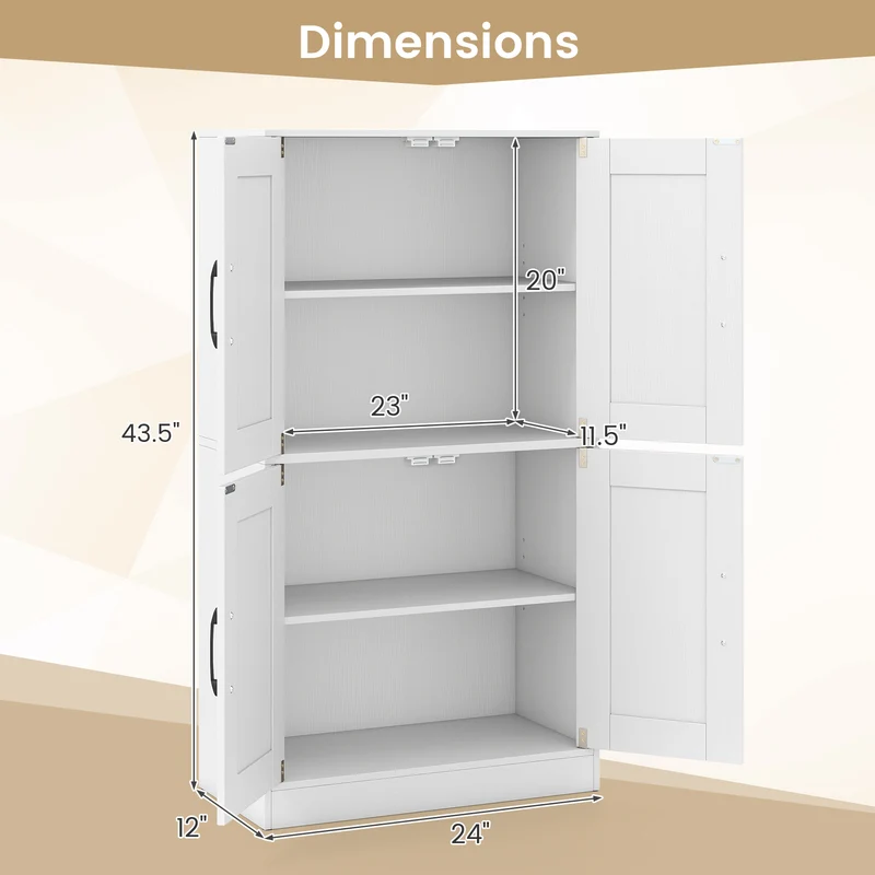 Bathroom Cabinet 43.5 Inch, Storage With Doors, Adjustable Shelves, White