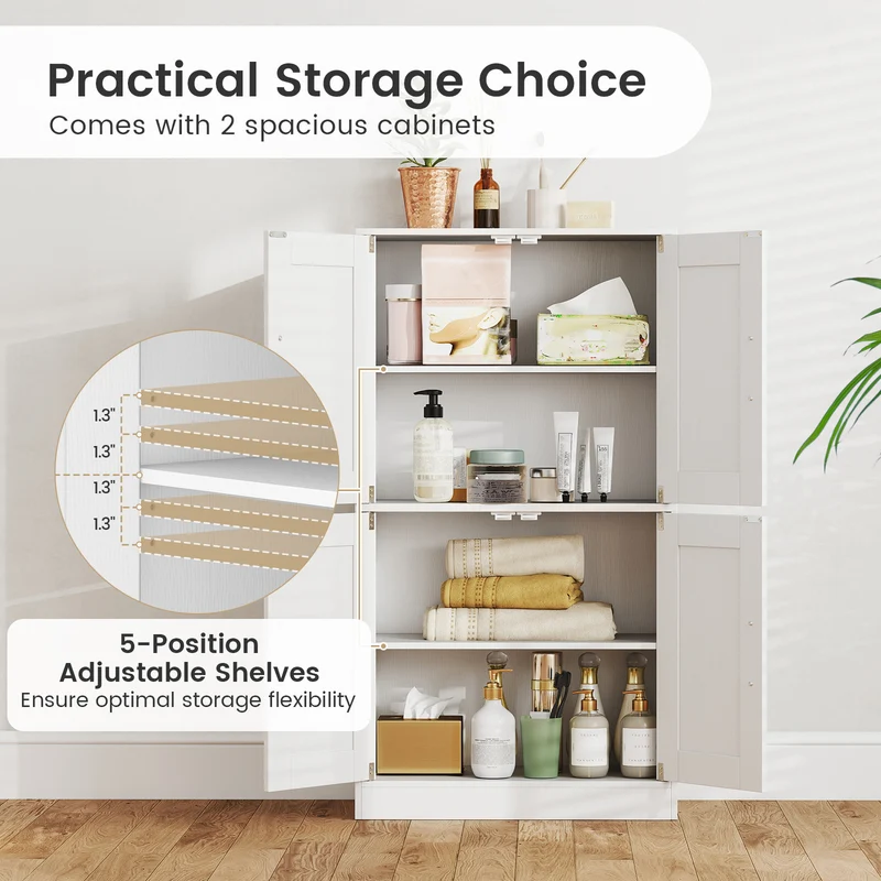 Bathroom Cabinet 43.5 Inch, Storage With Doors, Adjustable Shelves, White