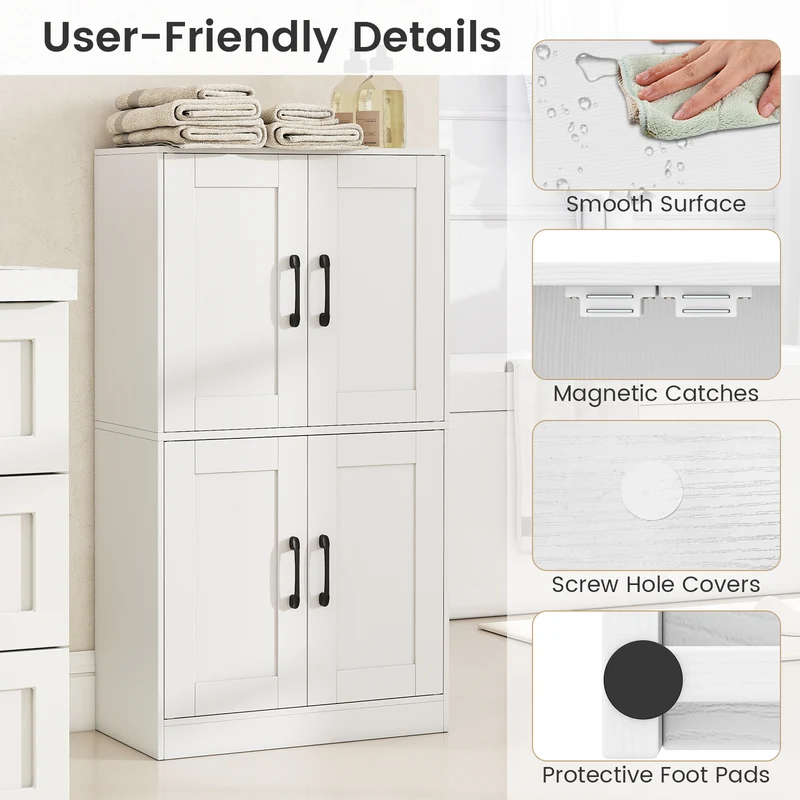 Bathroom Cabinet 43.5 Inch, Storage With Doors, Adjustable Shelves, White