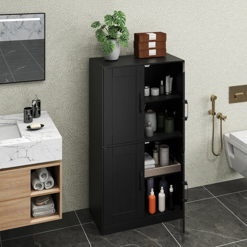 Bathroom Cabinet 43.5 Inch, Storage With Doors, Adjustable Shelves, Black
