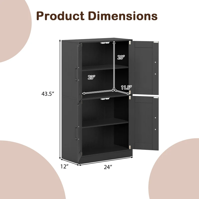 Bathroom Cabinet 43.5 Inch, Storage With Doors, Adjustable Shelves, Black