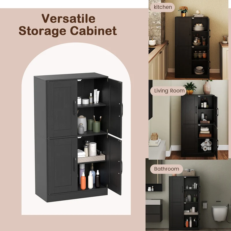 Bathroom Cabinet 43.5 Inch, Storage With Doors, Adjustable Shelves, Black