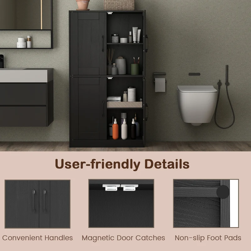 Bathroom Cabinet 43.5 Inch, Storage With Doors, Adjustable Shelves, Black