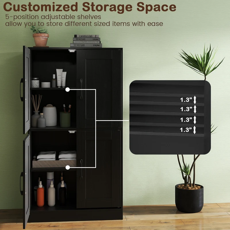 Bathroom Cabinet 43.5 Inch, Storage With Doors, Adjustable Shelves, Black