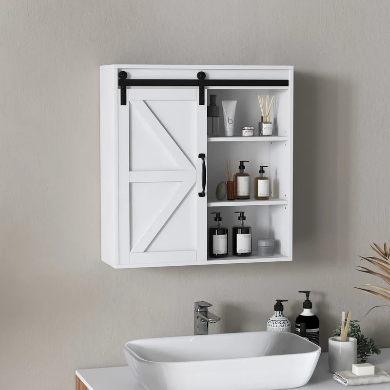 White Medicine Cabinet, Sliding Door, Adjustable Shelf, 22.8" x 7.8" x 24.4", White