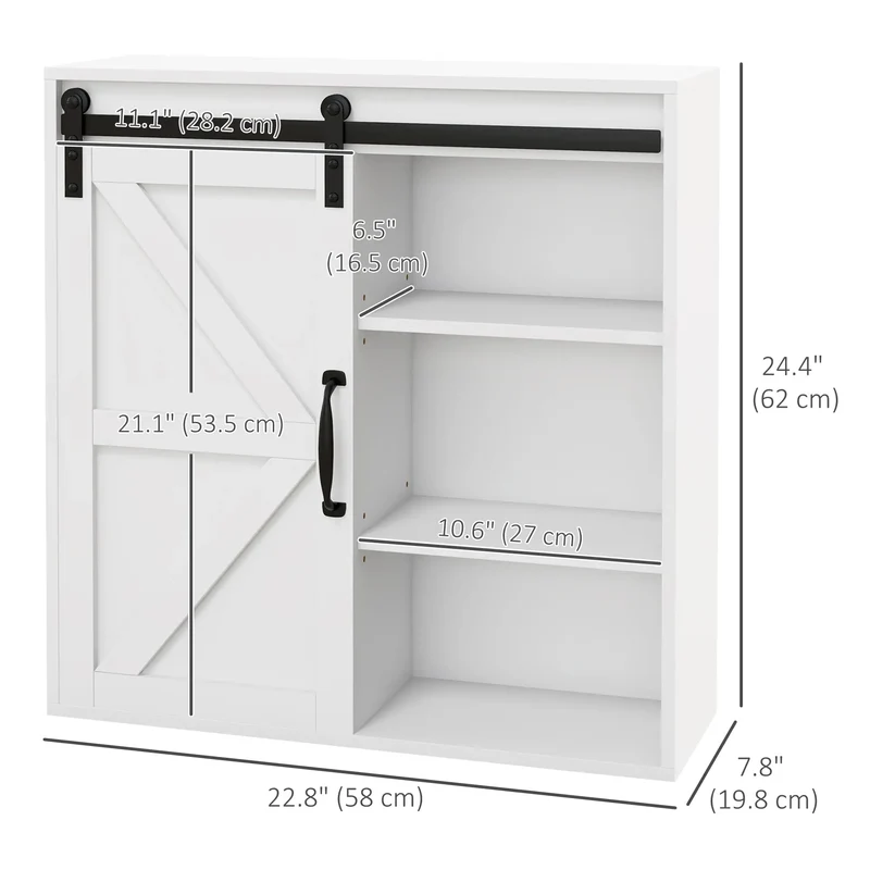 White Medicine Cabinet, Sliding Door, Adjustable Shelf, 22.8" x 7.8" x 24.4", White