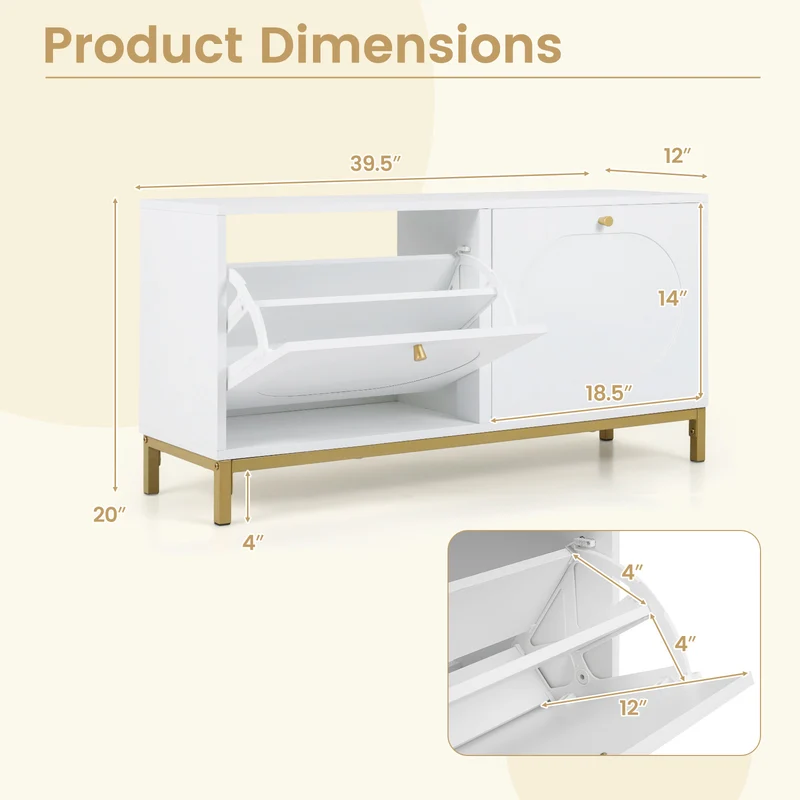 Shoe Storage Bench Narrow Entryway Bench with 2 Flip Drawers Adjustable Shelves, White