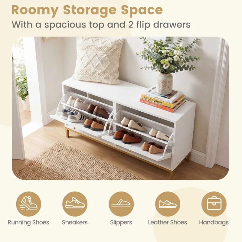 Shoe Storage Bench Narrow Entryway Bench with 2 Flip Drawers Adjustable Shelves, White