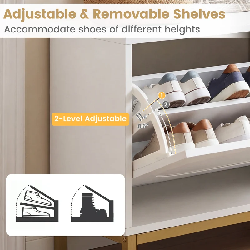 Shoe Storage Bench Narrow Entryway Bench with 2 Flip Drawers Adjustable Shelves, White