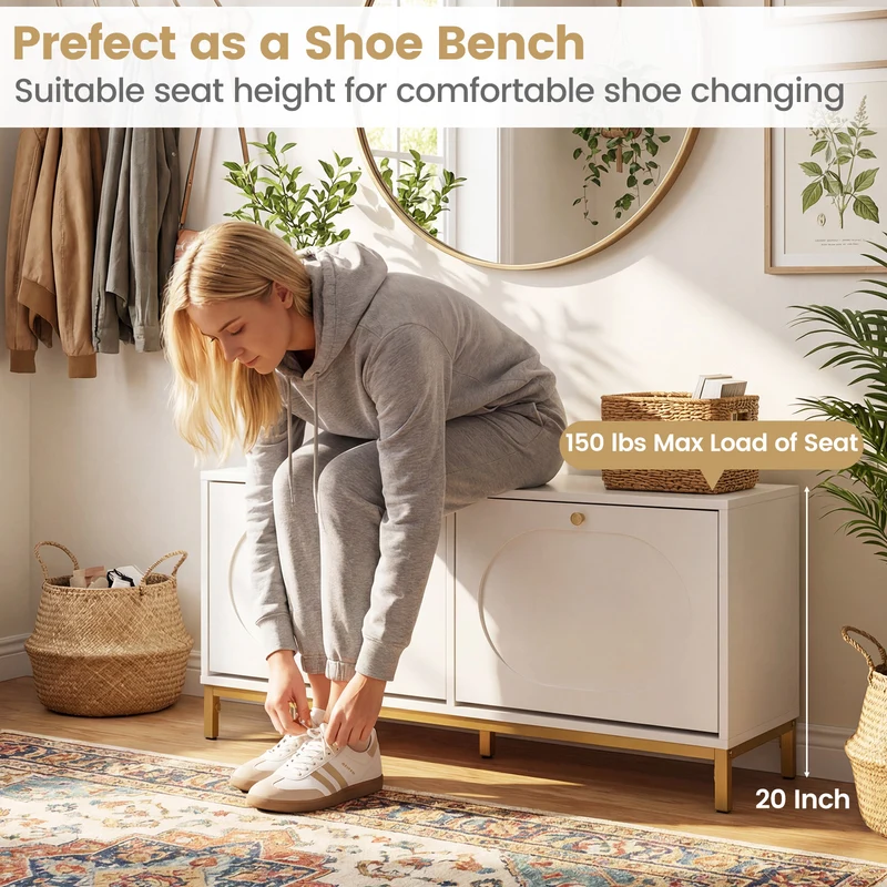 Shoe Storage Bench Narrow Entryway Bench with 2 Flip Drawers Adjustable Shelves, White