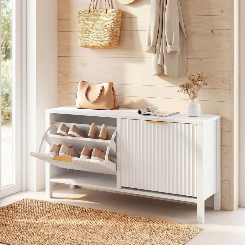 Shoe Storage Bench Narrow Wooden Entryway Bench with 2 Flip Drawers, White